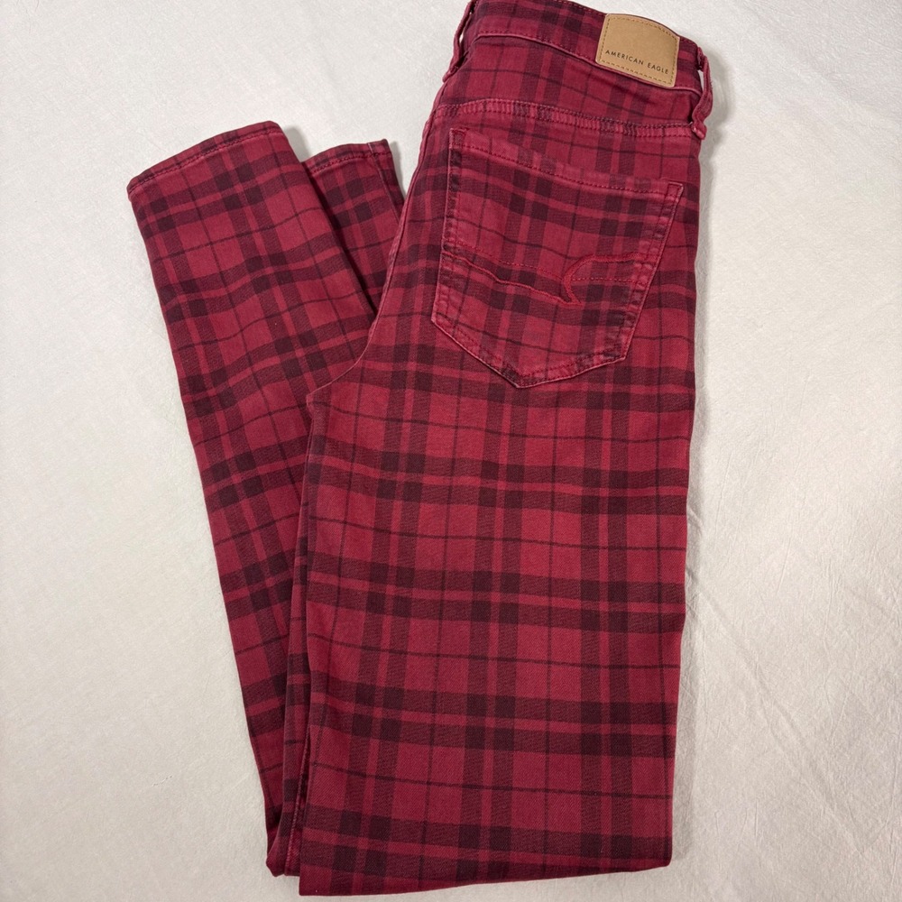 American‎ Eagle Hi-Rise Jegging Red Black Plaid Skinny Pants Womens 6 Regular